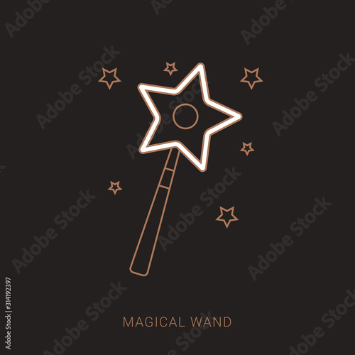Magician or magic wane filter with sparks flat vector icon. Brown and white color with outline concept.
