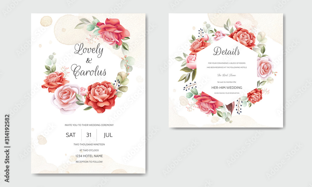 Obraz premium Beautiful floral wreath wedding invitation card template