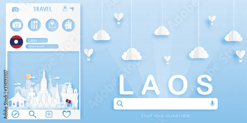 Travel Laos postcard, poster, tour advertising of world famous landmarks in paper cut style. Vectors illustrations