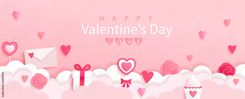 Valentines day banner with symbols of holiday-gifts,hearts,letters,flowers on pink background with wishing happy holiday, origami style.Template for flyer, invitation and greeting card for holiday.