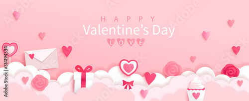 Valentines day banner with symbols of holiday-gifts,hearts,letters,flowers on pink background with wishing happy holiday, origami style.Template for flyer, invitation and greeting card for holiday.