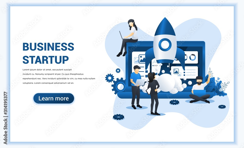 Start up your project concept with people working on rocket launch. Development process, Innovation product, creative idea. Can use for web banner, landing page, web template. vector illustration