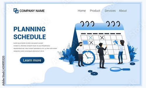 Planning Schedule concept. People filling out the schedule on giant calendar, work planning, work in progress. Can use for web banner, landing page, infographics. Flat vector illustration