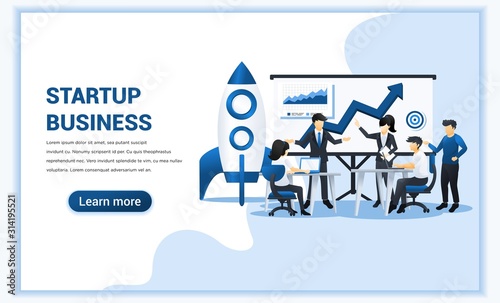 Business start up concept with people in meeting and working on the screen presentation. Can use for web banner, infographics, landing page, web template. Vector illustration