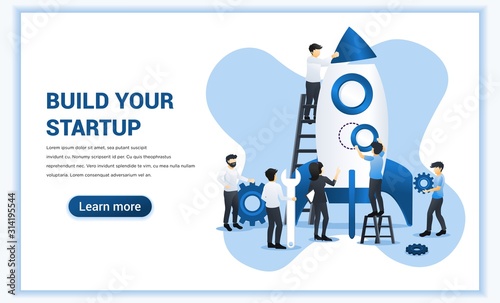 Business start up web banner concept design with people are working together building a rocket for launching new business. Boost your business. Flat vector illustration