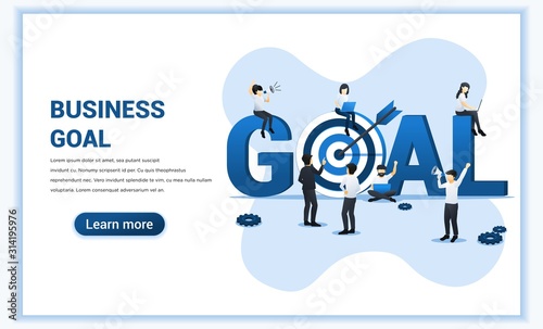 Business goal concept design. People work, sit and stand near the big GOAL symbol. Target with an arrow, reach the target, goal achievement. Flat vector illustration