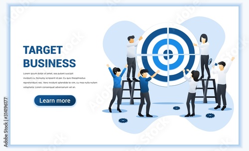 Business teamwork concept. People working together pushing a pieces of big target. goal achievement, leadership, partnership, Team work. Flat vector illustration © agny_illustration