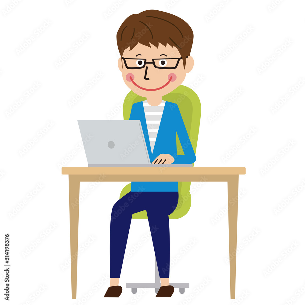 ポップな眼鏡の若い男性 PC操作しながら 笑顔 全身 ポップな眼鏡の若い男性 PC操作しながら 笑顔 全身
