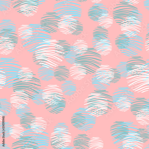 Pink vector background with white, mint, blue circles. Beautiful color pattern in a delicate palette. Design for fabric, paper, packaging, poster, banner sites. Vector illustration