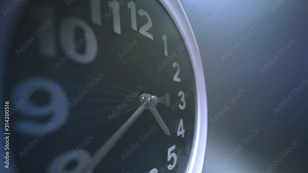Simple table clock dial close-up time running timelapse. Moving fast. Extreme macro with wide 9mm lens, long exposure view of the time lapse counting down. 4k business concept