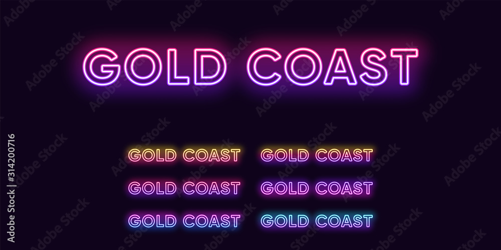 Neon Gold Coast name, city in Australia. Neon text of Gold Coast city Neon Gold Coast name, city in Australia. Neon text of Gold Coast city
