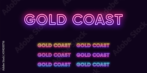 Neon Gold Coast name, city in Australia. Neon text of Gold Coast city