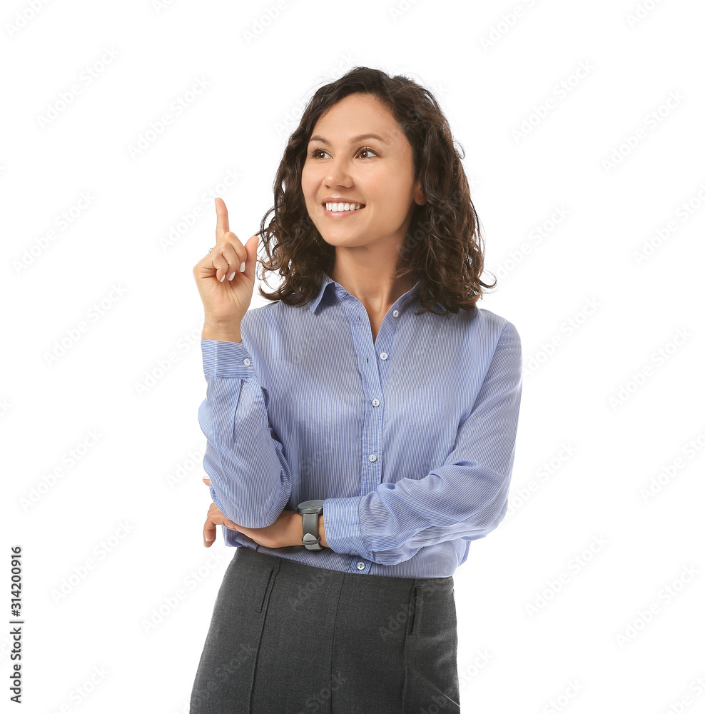 Portrait of beautiful businesswoman with raised index finger on white background Portrait of beautiful businesswoman with raised index finger on white background