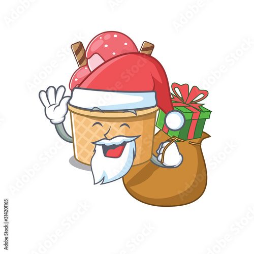 Santa ice cream sundae Cartoon character design having box of gift
