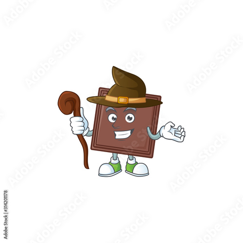 cartoon mascot style of one bite chocolate bar dressed as a witch