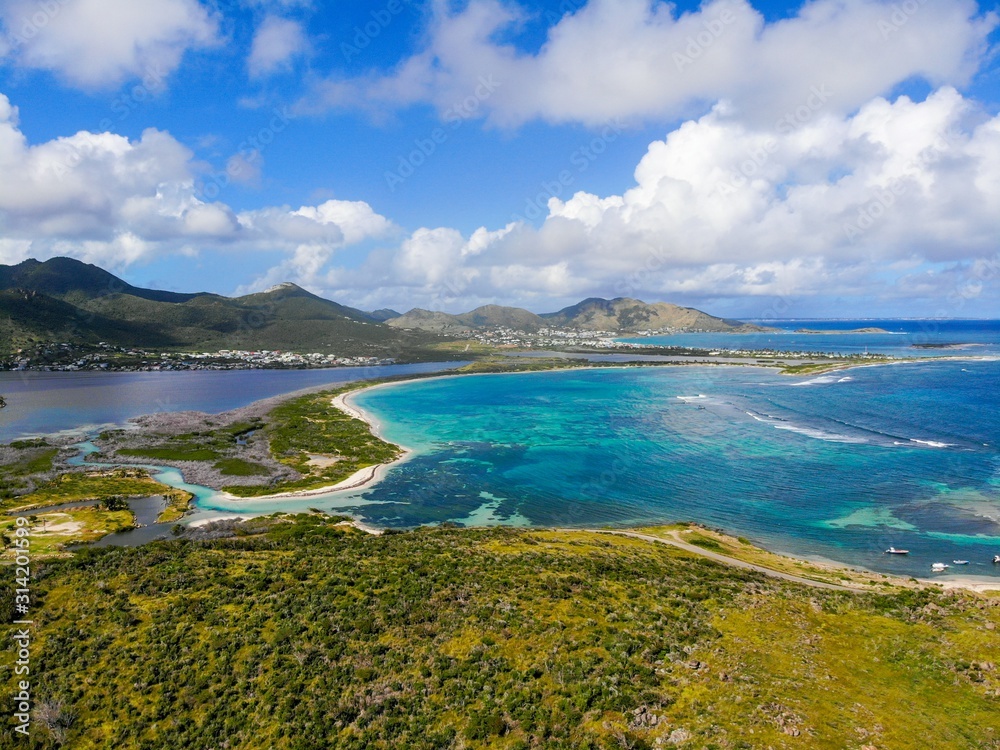 Beautiful sunny aerial view of french Saint Martin.