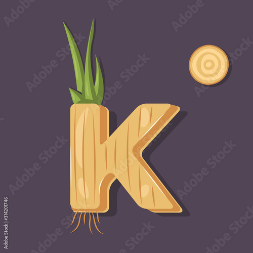 Onion in a form of letter K - vegetable lettering design. Vector illustration.