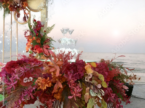 A pyramid of champagne glasses on the table decorated with colorful flowers for the wedding by the sea. Digital water color effect. Copy space. photo