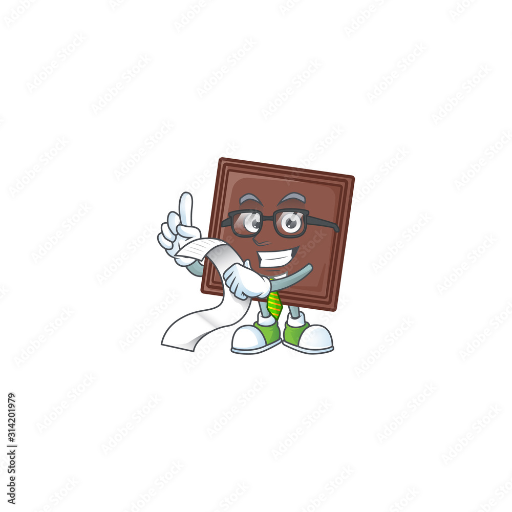 A funny cartoon character of one bite chocolate bar with a menu