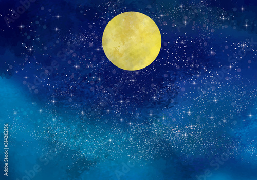 満月：スーパームーン　満月　名月　夜空　星空　星　水彩　手描き　天体　天体観測 © okaka08