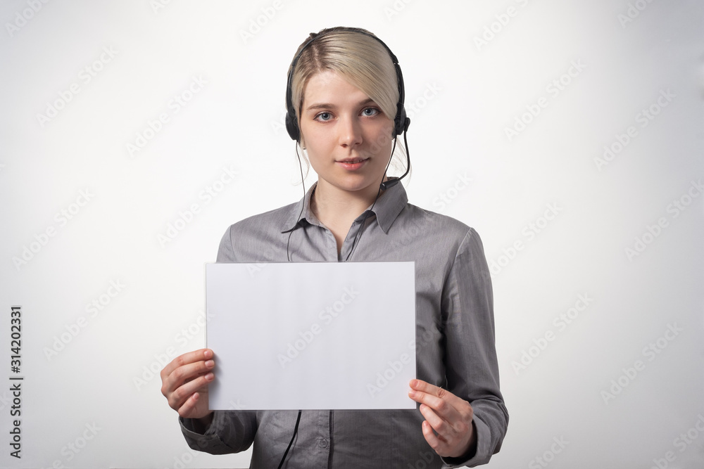 Woman working at call center calling with smile isolated over white background with large area for your text. Woman working at call center calling with smile isolated over white background with large area for your text.