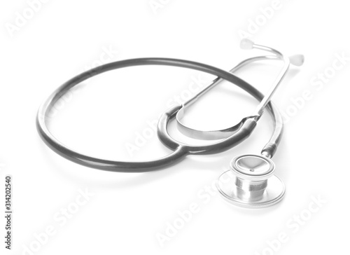 Modern stethoscope on white background