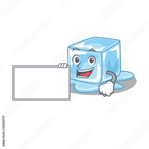 Funny ice cube cartoon character design style with board
