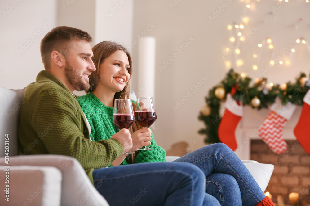 Happy young couple with glasses of wine resting at home on Christmas eve Happy young couple with glasses of wine resting at home on Christmas eve