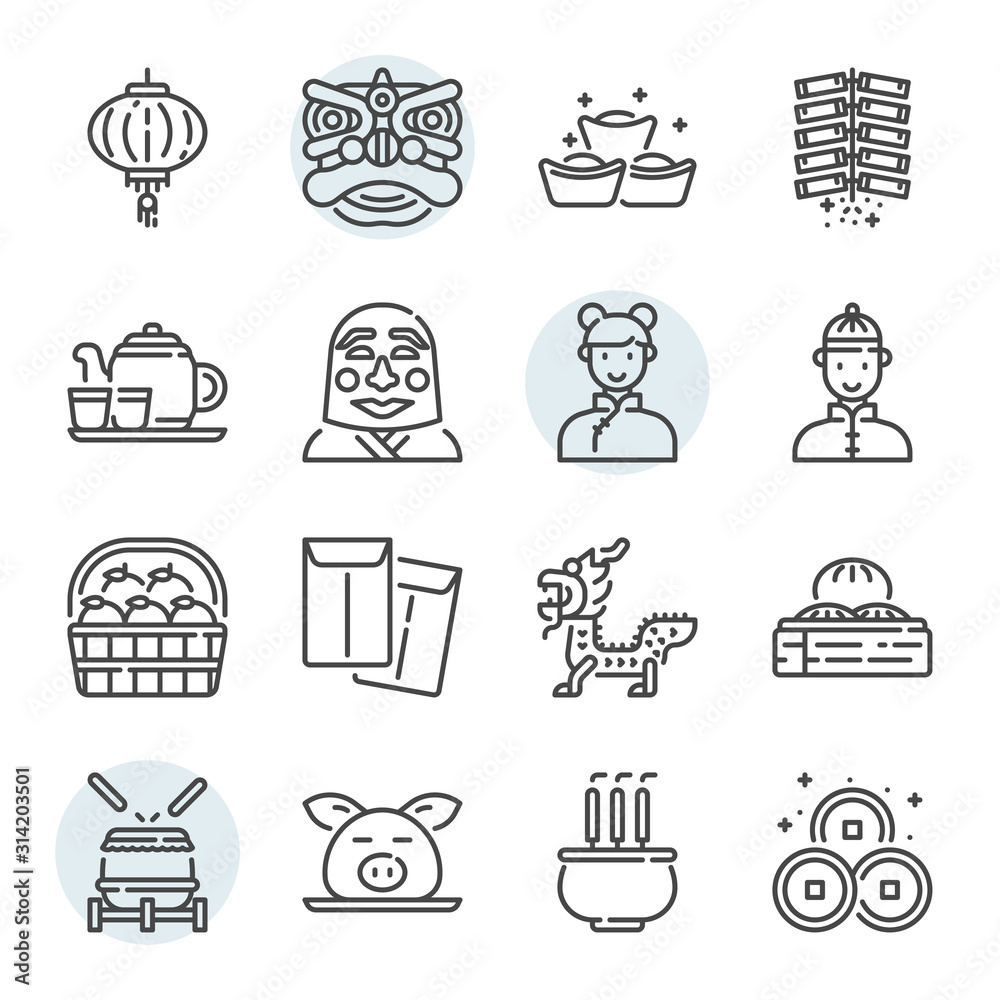 Chinese New Year day related icon and symbol set in outline design. Chinese New Year day related icon and symbol set in outline design.
