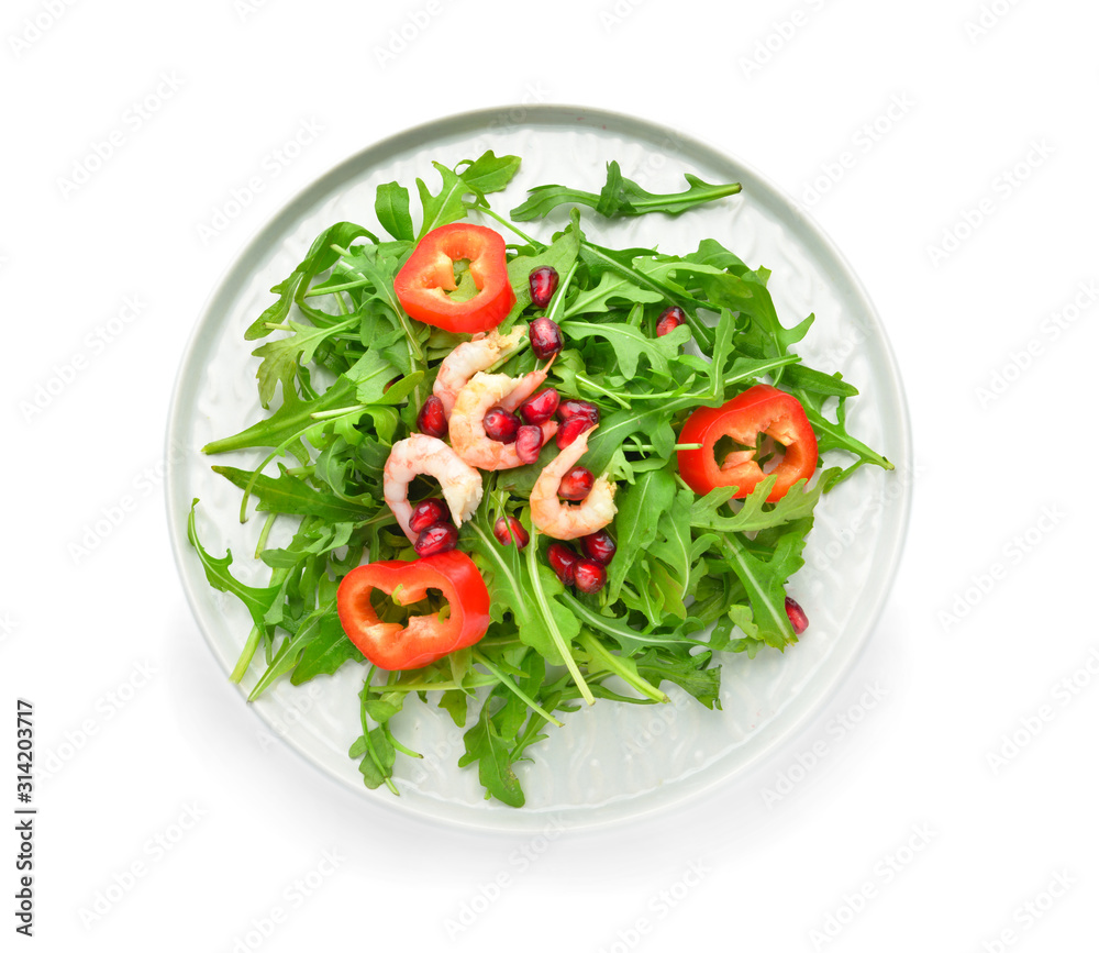 Plate with tasty salad on white background Plate with tasty salad on white background