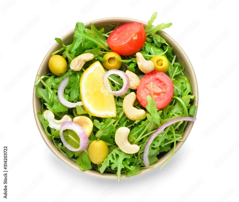 Plate with tasty salad on white background Plate with tasty salad on white background
