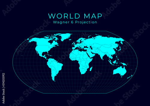Map of The World. Wagner VI projection. Futuristic Infographic world illustration. Bright cyan colors on dark background. Creative vector illustration.