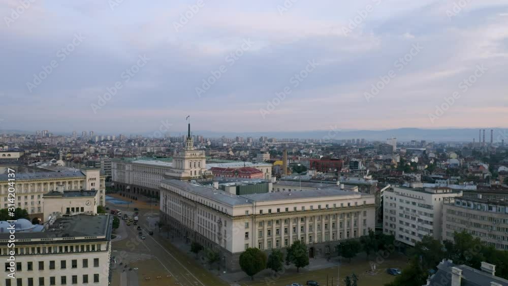 4K Sofia Bulgaria Drone Sunrise Bulgarian Flag on Flagpole Flys in Wind 4K Sofia Bulgaria Drone Sunrise Bulgarian Flag on Flagpole Flys in Wind
