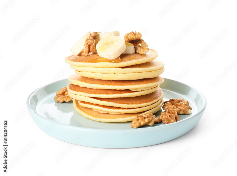 Plate with stack of tasty pancakes on white background