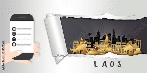 Travel Laos postcard, poster, tour advertising of world famous landmarks in paper cut style. Vectors illustrations