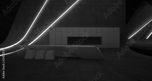 Abstract architectural concrete smooth interior of a minimalist house with swimming pool and neon lighting. 3D illustration and rendering.