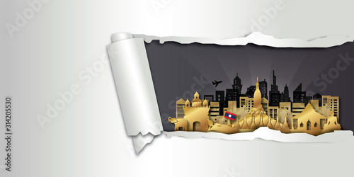 Travel Laos postcard, poster, tour advertising of world famous landmarks in paper cut style. Vectors illustrations