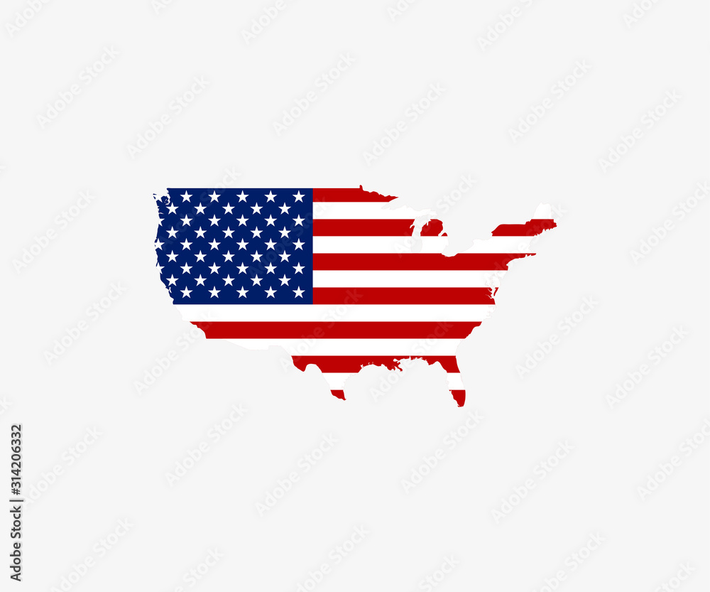 USA map, flag on white background. Vector illustration.