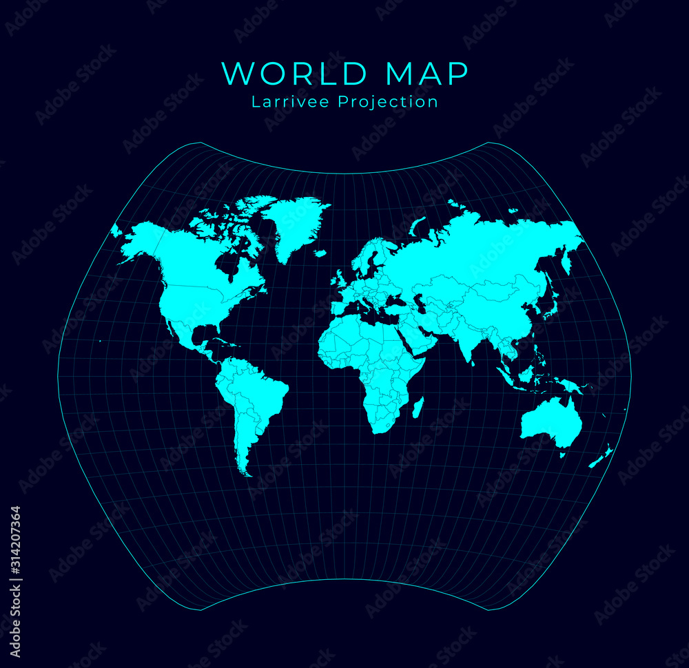 Map of the World. Larrivee projection. Futuristic infographic world illustration. Bright cyan colors on dark background. Radiant vector illustration. Map of the World. Larrivee projection. Futuristic infographic world illustration. Bright cyan colors on dark background. Radiant vector illustration.