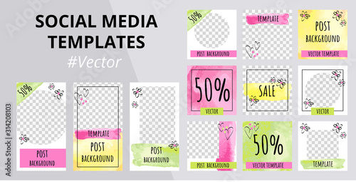 Watercolor design backgrounds for social media banner. Set of abstract stories and post frame templates. Mockup for personal blog or shop. Abstract background layout. Vector illustration