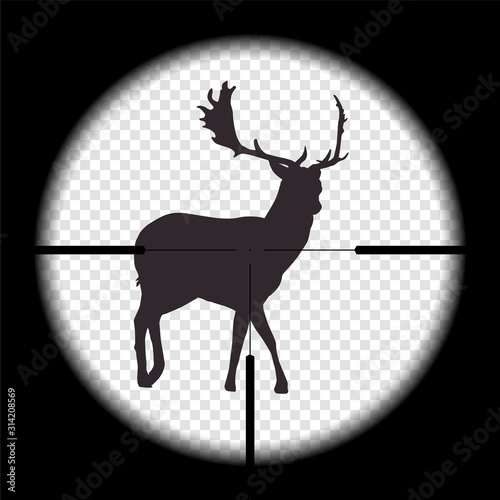 Realistic illustration View of a deer in the wild or in nature looking at a hunting rifle with an intentional cross. hunt wildlife, vector