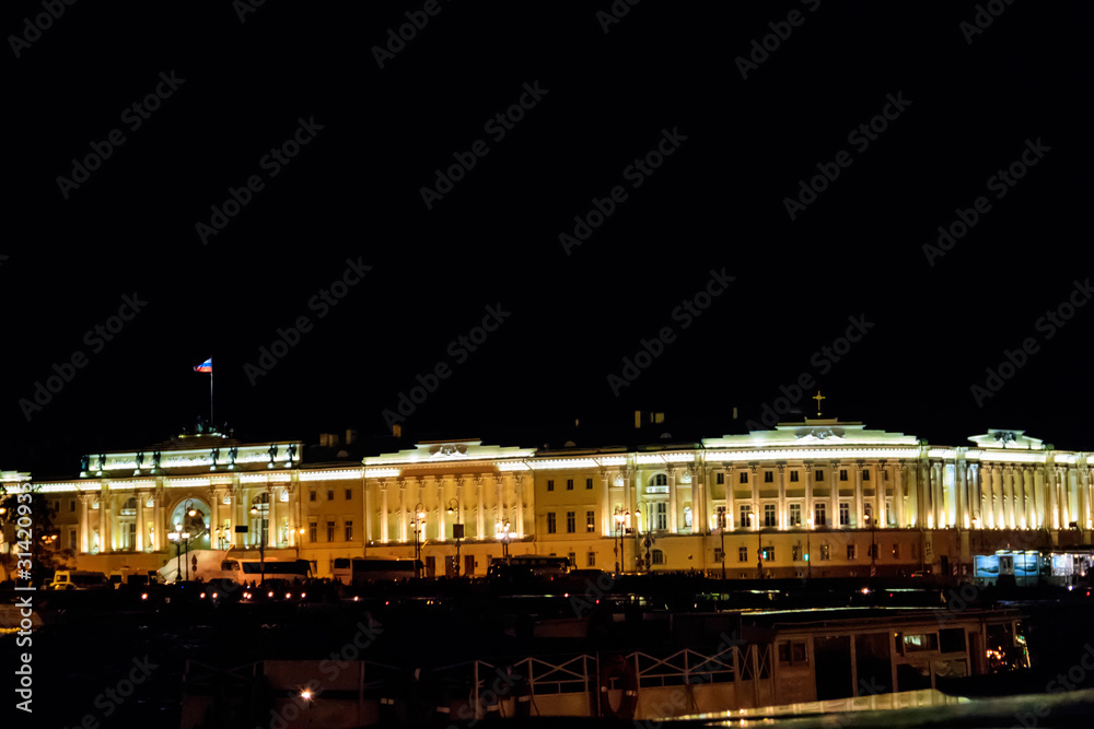 Night view of Senate and Synod Building (now headquarters of the Constitutional Court of Russia) on Senate square in St. Petersburg, Russia