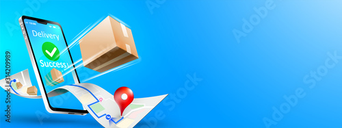 Online delivery phone concept. Fast respond delivery package shipping on mobile. Online order tracking with map. Vector illustration photo