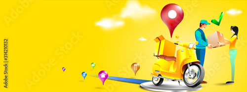 Fast delivery package by scooter on mobile phone. Order package in E-commerce by app. Courier send package by motorcycle. Three dimensional concept. Vector illustration