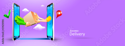 Man Hand Giving Package To Another on phone online. Delivery Courier Shipping three dimensional concept. Vector Illustration