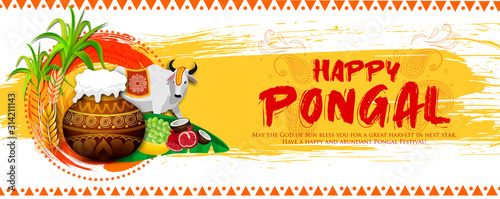 Illustration of Happy Pongal Holiday greeting Harvest Festival of South India with traditional pot and sugarcane on rangoli for religious festival background photo