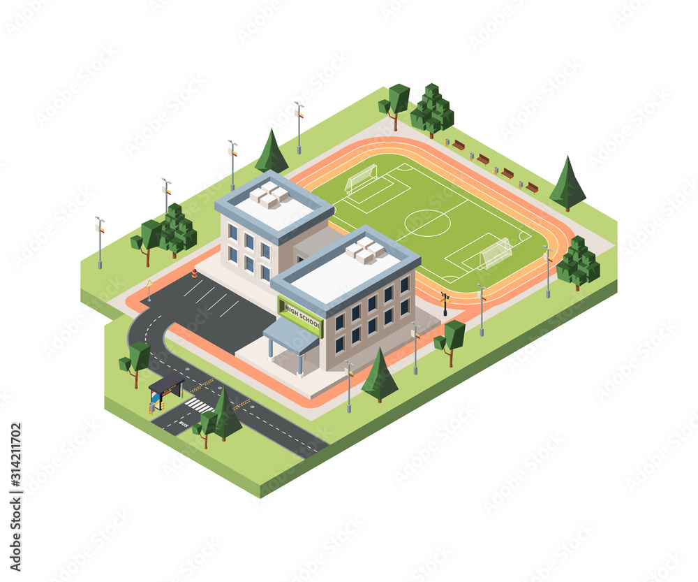 High school soccer field vector isometric illustration