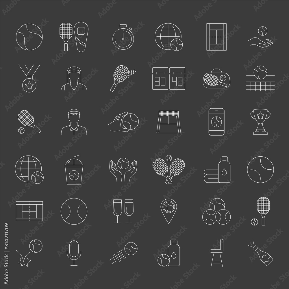 Set of vector line icons and symbols in flat design tennis with elements for mobile concepts and web apps. Collection of tennis stuff, ball, racket, equipment, court, medal, competition infographic.