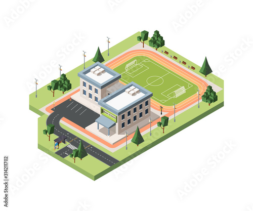High school soccer field vector isometric illustration