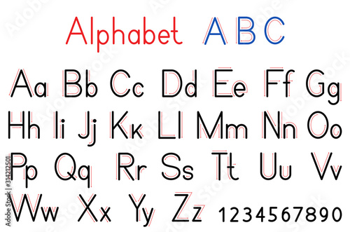 English alphabet letters and numbers. Capital and lowercase letter abc